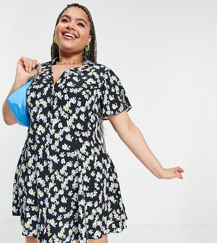 Asos Design Curve Mini Shirt Dress In Ditsy Print-multi