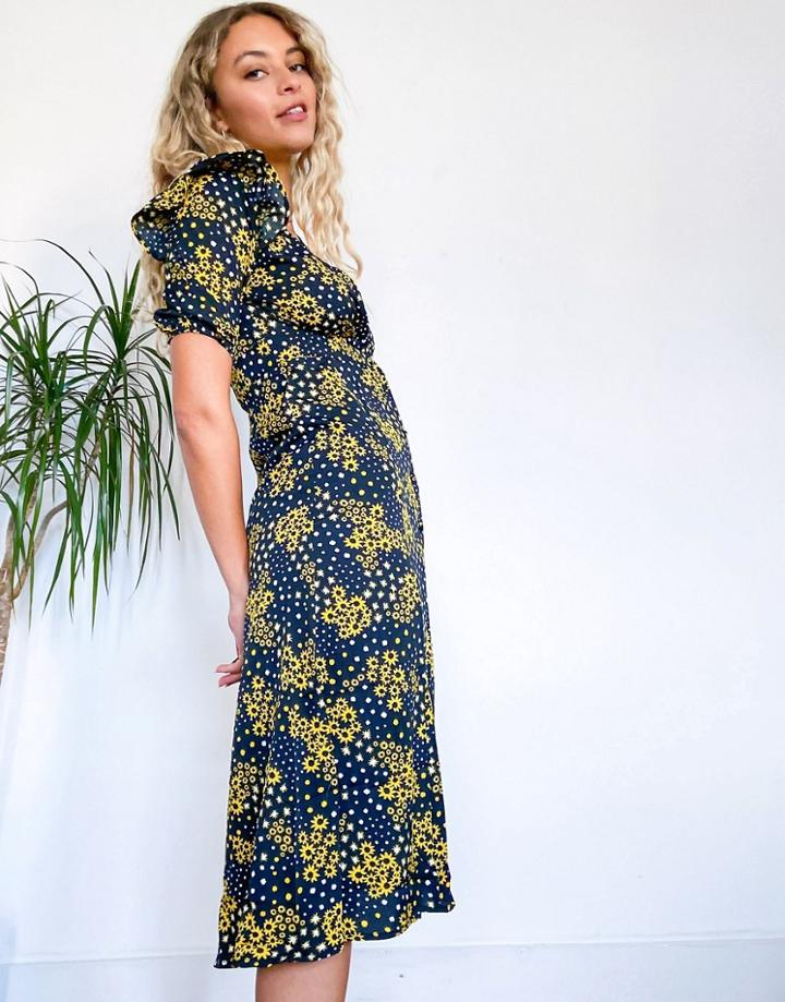 Influence Shirred Sleeve Midi Dress With Button Down Front In Floral Print-multi