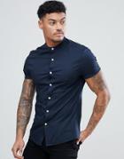 Asos Design Skinny Shirt With Grandad Collar In Navy