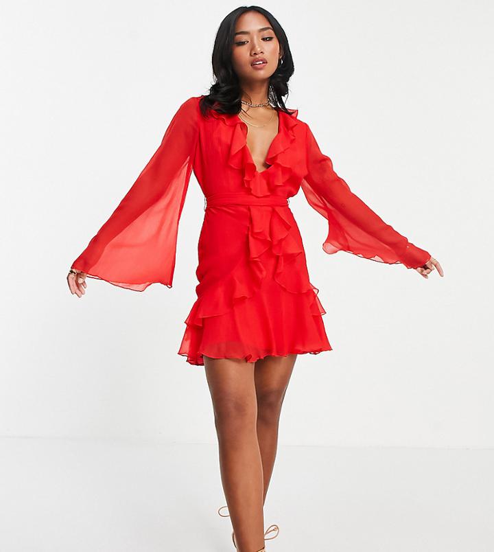 Asos Design Petite Ruffle Mini Dress With Waist Tie And Flare Sleeve In Red