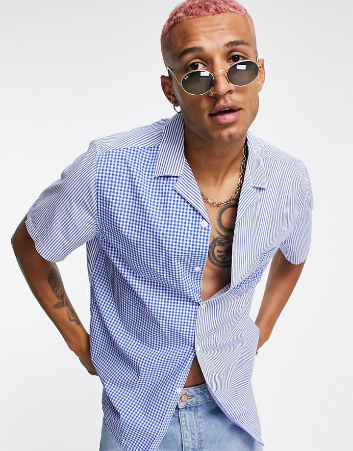 Asos Design Relaxed Camp Collar Shirt In Mixed Stripe & Gingham-blues