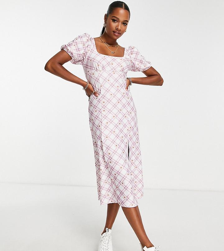 Miss Selfridge Petite Shirred Midi Dress In Floral Gingham-purple