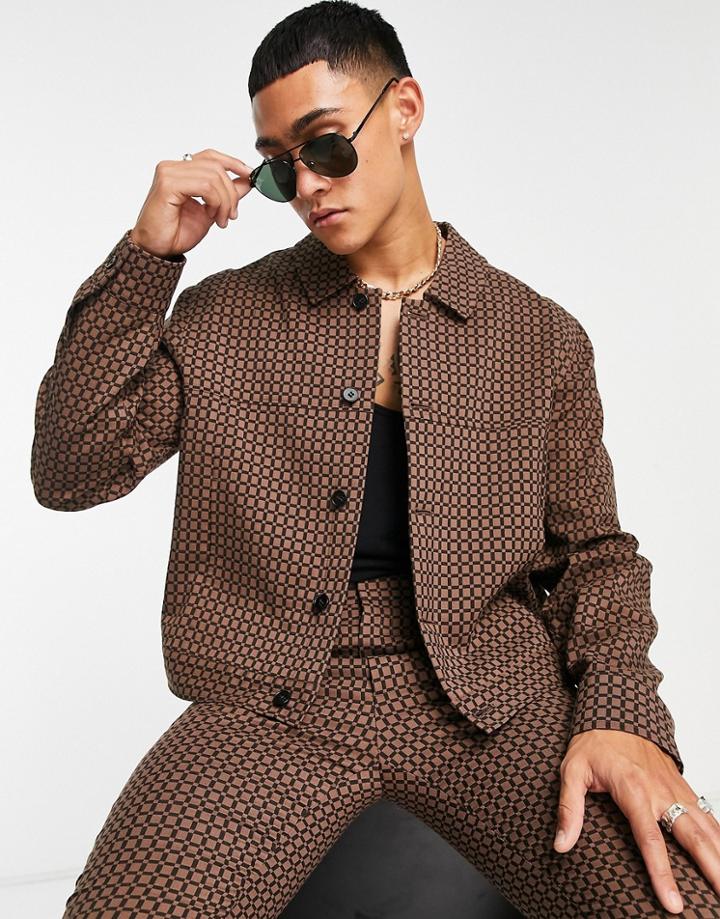 Asos Design Smart Trucker Jacket In Brown Geo Plaid - Part Of A Set