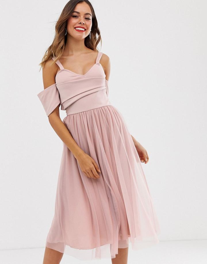 Asos Design Scuba Top Cold Shoulder Tulle Midi Dress-pink
