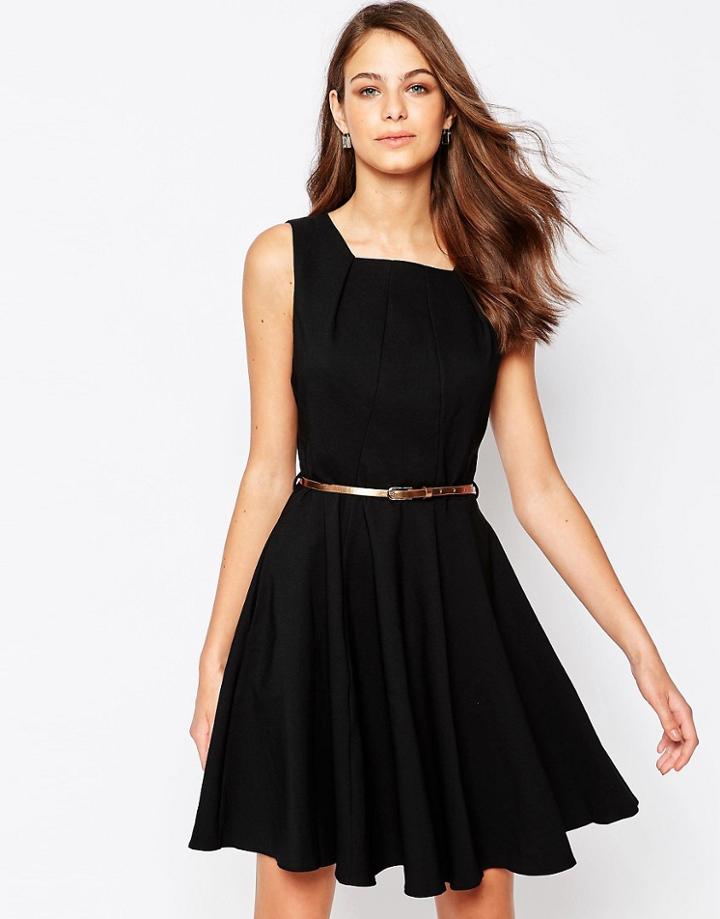 Closet Belted Skater Dress With Panelling - Black