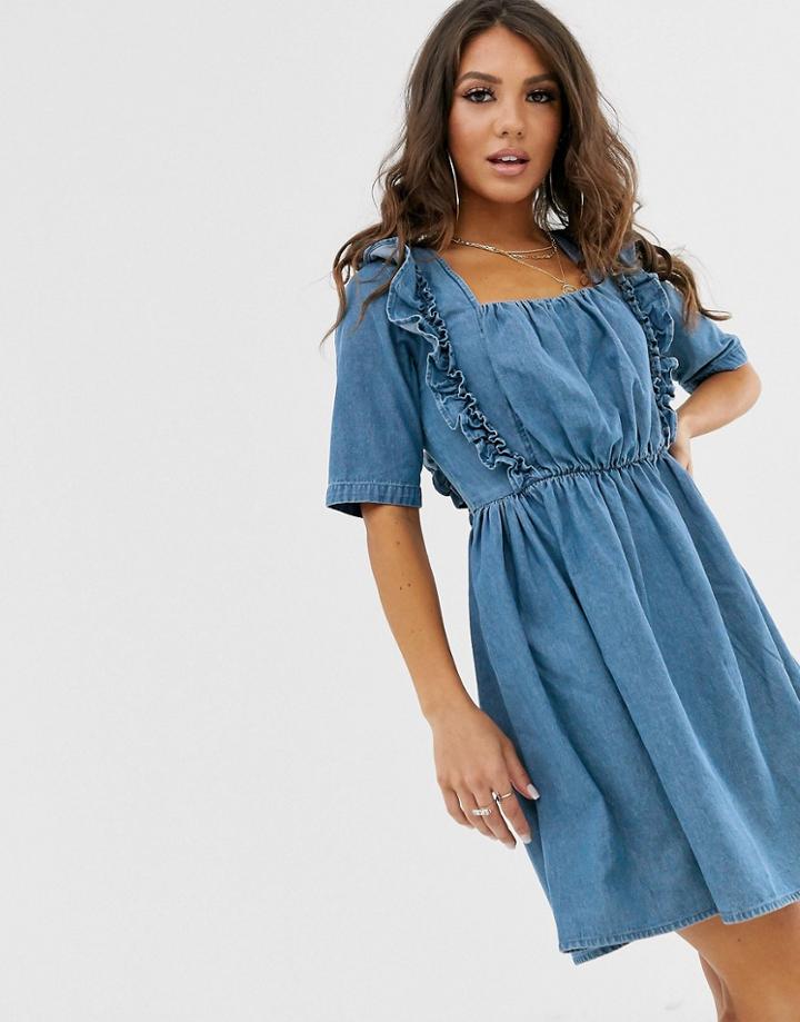 Asos Design Denim Square Neck Frill Smock Dress In Blue - Blue