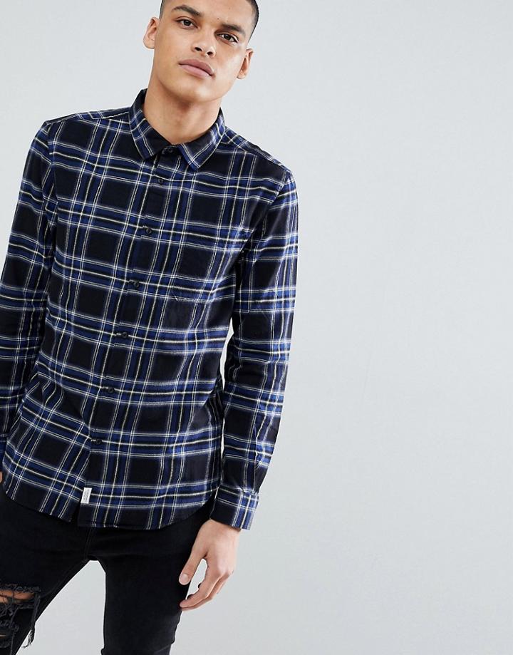 Bershka Check Shirt In Navy - Blue