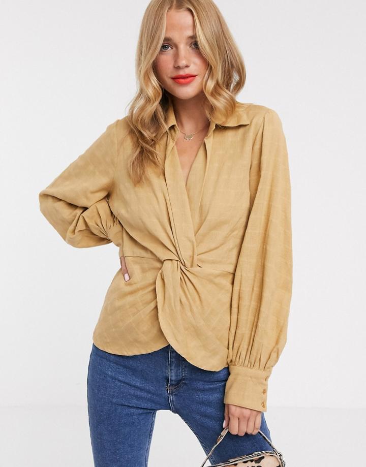 Asos Design Long Sleeve Twist Front Top In Textured Fabric-brown
