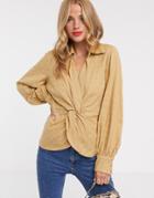 Asos Design Long Sleeve Twist Front Top In Textured Fabric-brown