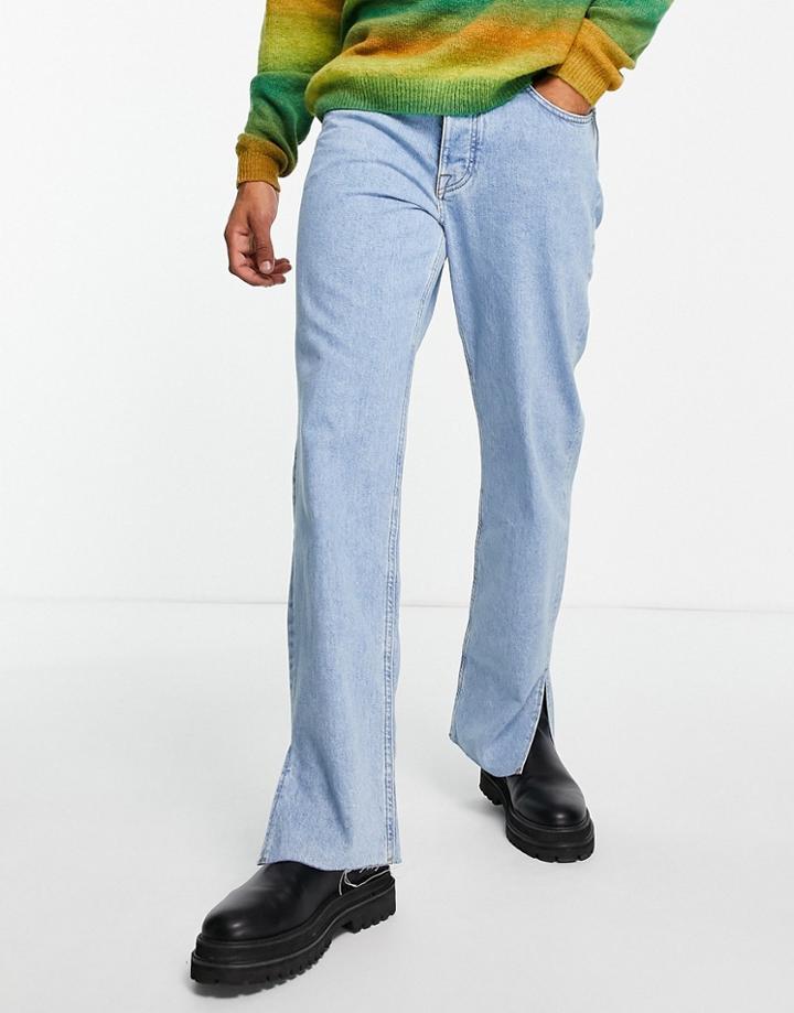 Asos Design Straight Leg Jeans In Light Wash Blue With Slit Hem-blues