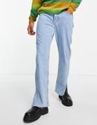 Asos Design Straight Leg Jeans In Light Wash Blue With Slit Hem-blues