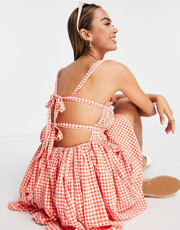 Asos Design Strappy Mini Skater Sundress In Red Textured Gingham-multi