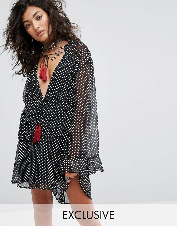 Sacred Hawk Festival Smock Dress With Tassel Trim In Polka Dot - Black