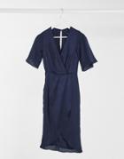 Tfnc Bridesmaid Satin Wrap Midi Dress With Kimono Sleeve In Navy