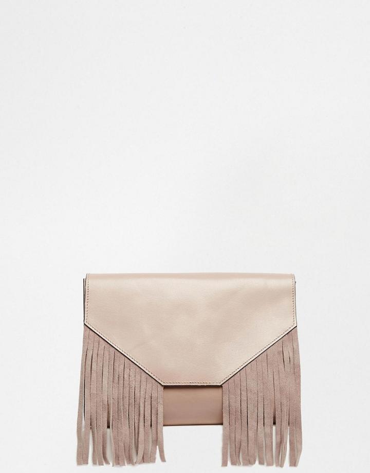 Asos Leather Fringed Clutch Bag - Nude
