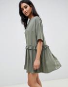 Asos Design Mini Smock Dress With Frill Waist - Green
