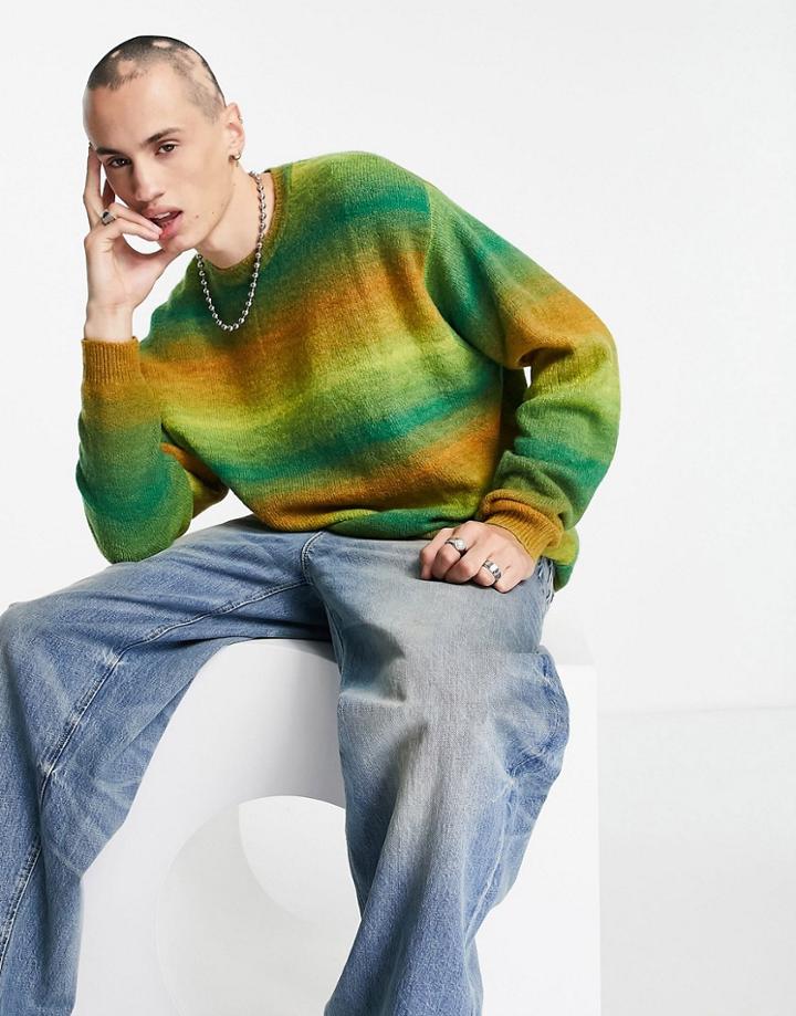 Asos Design Knitted Oversized Ombre Stripe Crew Neck Sweater In Green