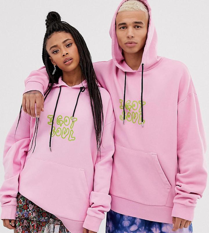 Collusion Unisex Washed Hoodie With Print In Pink