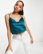 Lola May Cowl Neck Satin Top In Teal-green