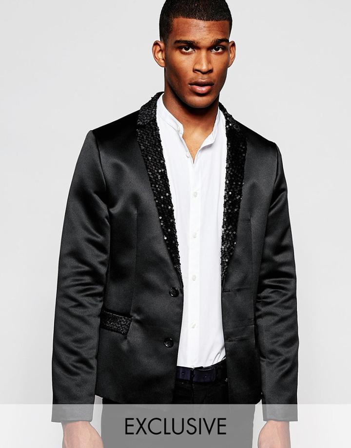 Reclaimed Vintage Blazer With Sequin Lapel - Black