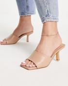 London Rebel Square Toe Mid Heel Mule Sandals In Beige-neutral