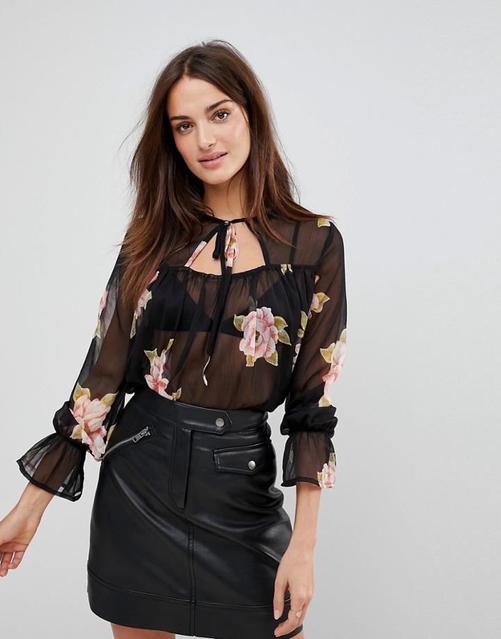 Influence Cut Out Detail Tie Neck Floral Blouse - Black