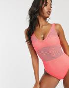 Asos Design Overlay Fishnet Layered Swimsuit In Washed Neon Pink - Pink