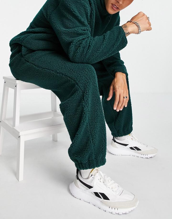 Asos Design Oversized Shearling Sweatpants In Dark Green - Part Of A Set