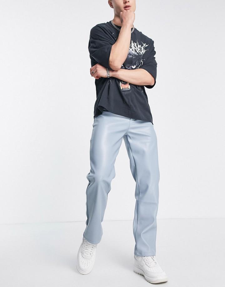 Mennace Pu Straight Leg Pants In Dusty Blue