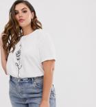 Asos Design Curve T-shirt With Sketchy Rose Motif In Organic Cotton-white