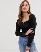 Asos Design Long Sleeve Square Neck Top In Broderie With Shirring - Black