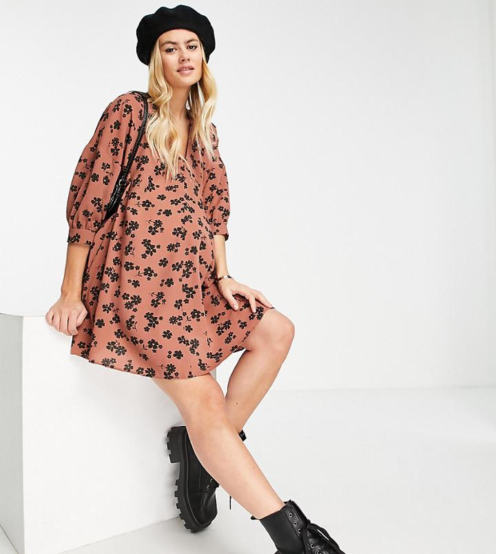 Asos Design Maternity V-neck Trapeze Mini Dress With Three-quarter Sleeves In Brown Floral Print-multi