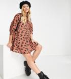 Asos Design Maternity V-neck Trapeze Mini Dress With Three-quarter Sleeves In Brown Floral Print-multi