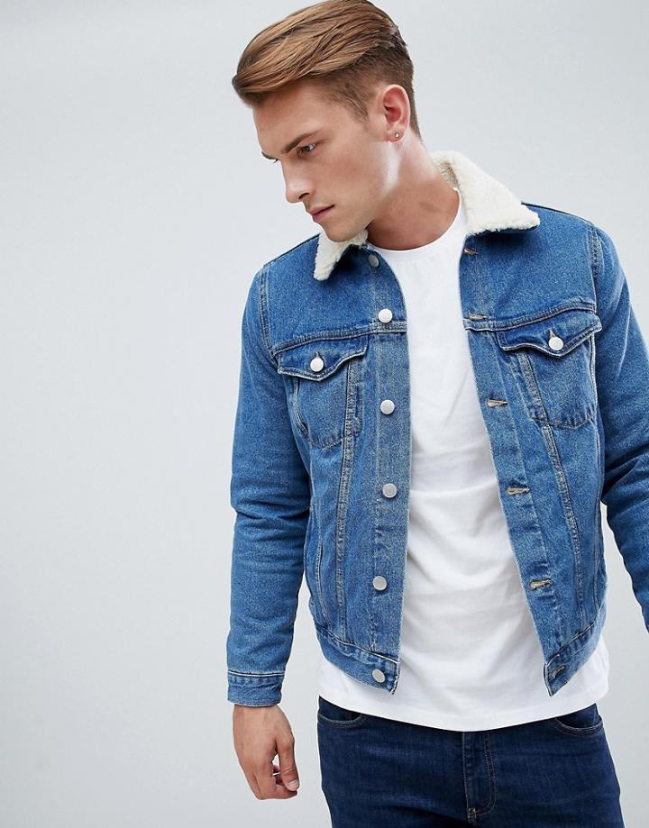 New Look Fleece Lined Denim Jacket In Blue - Blue