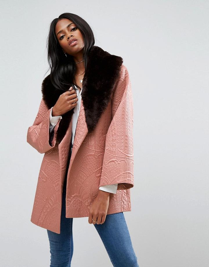 Asos Jacquard Kimono Coat With Faux Fur Collar - Pink