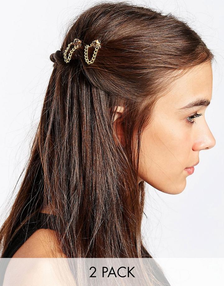 Kat & George Two Pack Hair Grip With Skull And Chain - Gold