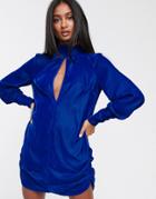 Asos Design Velvet Mini Shift Dress With Keyhole-blue