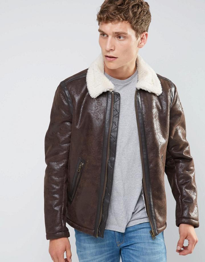 Wrangler Faux Leather Aviator Jacket - Brown