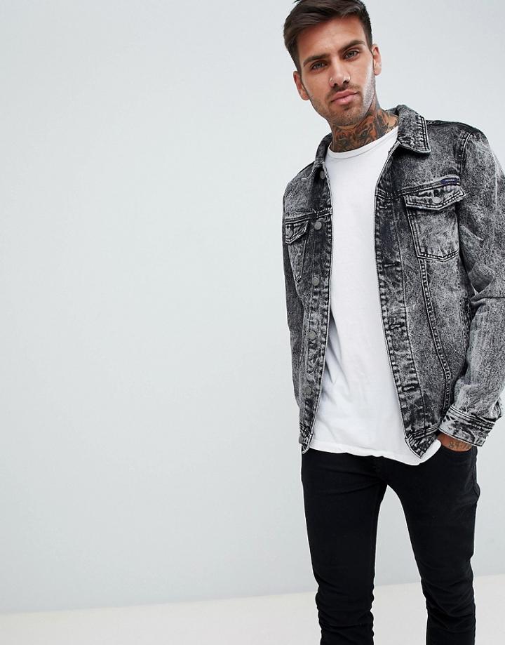 Pull & Bear Denim Jacket In Acid Wash Black - Black