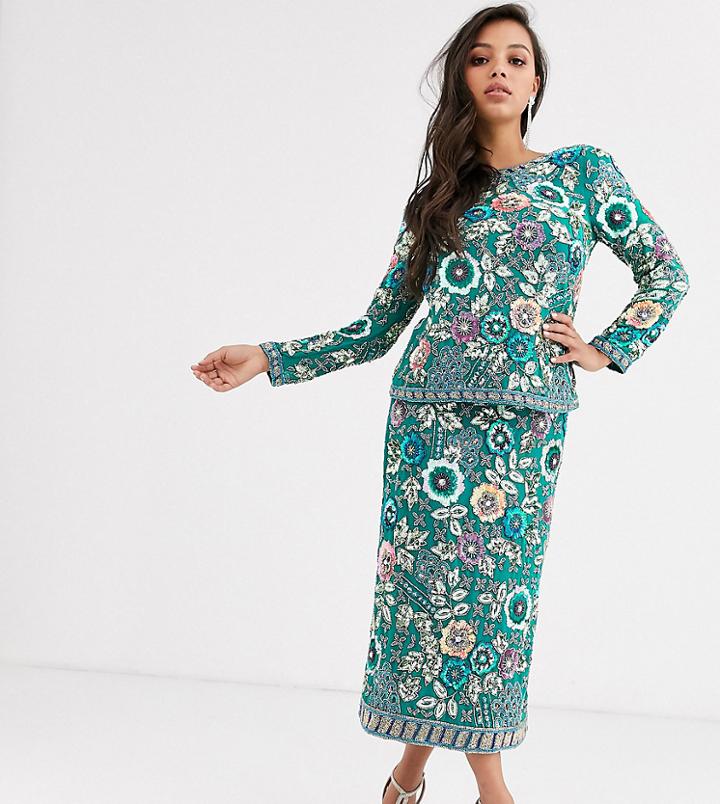 Asos Edition Petite Floral Embellished Midi Pencil Skirt-multi