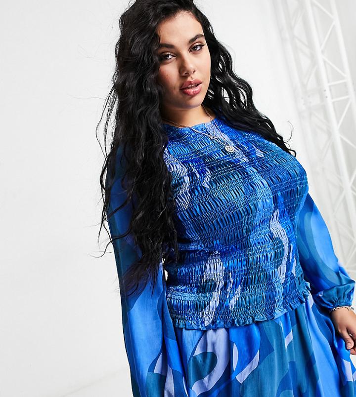 Never Fully Dressed Plus Shirred Balloon Sleeve Matching Top In Blue Abstract Print-blues