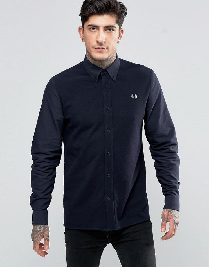 Fred Perry Shirt With Contrast Front In Navy In Slim Fit - Navy
