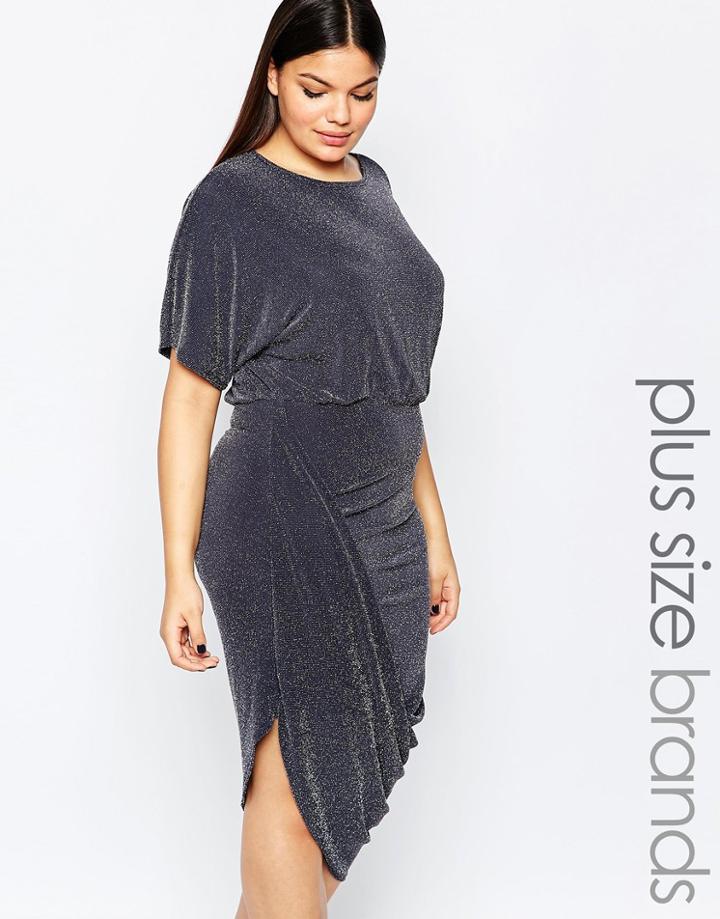 Club L Plus Wrap Dress With Rouched Skirt In Glitter Fabric - Slate Gray