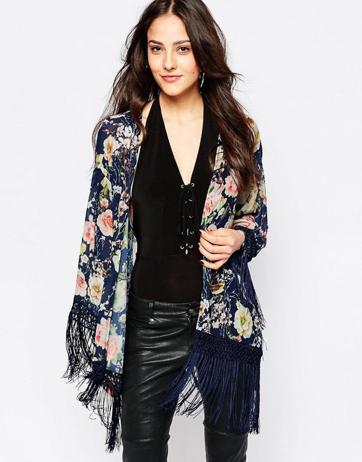 Jessica Wright Suzie Floral Tassle Kimono - Navy