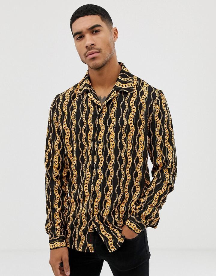 Liquor N Poker Revere Collar Shirt With Chain Print In Black - Black