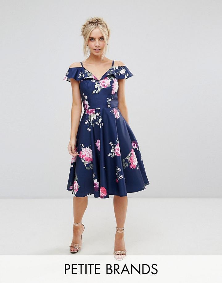 Chi Chi London Petite Midi Dress With Frill Cold Shoulder - Multi