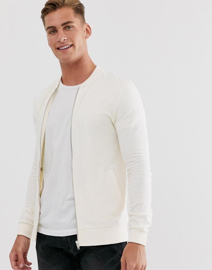 Asos Design Muscle Jersey Bomber Jacket In Beige