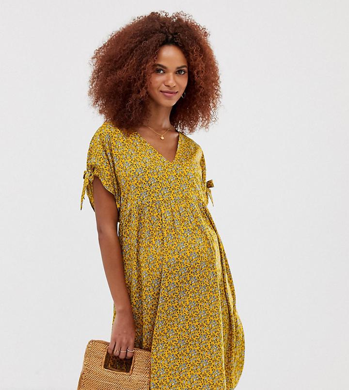 New Look Maternity Tie Sleeve Smock Dress In Yellow - Yellow