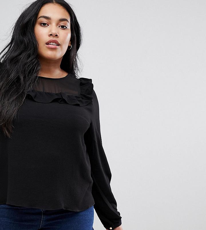 Brave Soul Plus Polka Blouse With Ruffle Yoke - Black