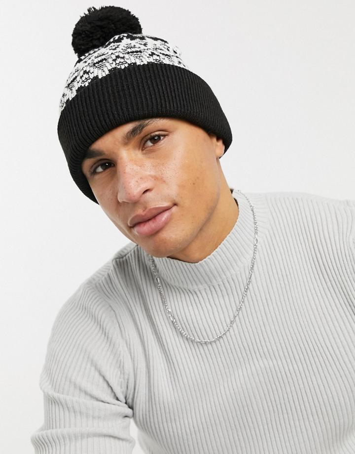 Topman Bobble Hat With Fair Isle Print In Black And White-grey